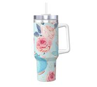 Fleurs Roses Théière vintage Tasses,Gobelet isotherme Ice Bully de 40 oz avec poignée, couvercle et paille, en acier inoxydable, pour voiture ou café.