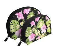 Fleurs Roses Tropicales et Palmiers de la Jungle, Trousse de Maquillage Coquille Femme Petit Porte-Monnaie Trousse de Toilette Trousse à cosmétiques 2 pièces