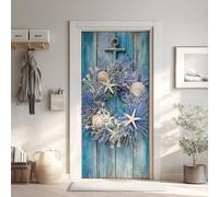 Fleurs Sauvages Violet Effet 3D Sticker Porte, Grain de Bois Bleu Papier Autocollant Porte Mural Décoration, Style Méditerranéen Stickers Muraux Amovible PVC 77x200 cm 5Yl265