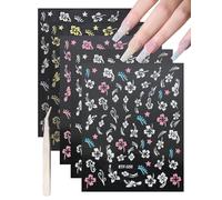 Fleurs Stickers Ongles-10 Feuilles Nail Art Autocollants Fleur blanc rose argent doré,Autoadhésif Deco Ongle Nail Art Design Manucure Fête Bricolage Ongle Décoration,3D Nail Sticker + 1 Pince à épiler