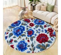 Fleurs Style Indien Round Rug 90 Cm Indoor Circle Soft Rug Washable Art Traditionnel Print Non Slip Carpet for Bedroom Entryway Living Room Dining Room Office Decor Bleu Foncé