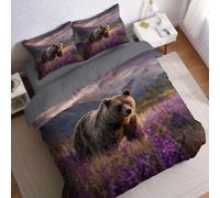 Fleurs Violettes Et Herbe Housse de Couette 160x200 cm Animal Ours Polaire Parure de lit Microfibre Imprimée Douce avec 2 taies d’Oreiller pour Chambre Adulte, ado et Enfant