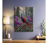 Fleurs Violettes Impression artistique Paon des forêts sur toile 50x40 cm Tableau mural moderne avec cadre bois naturel Décoration maison pour salon chambre bureau cuisine