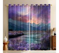 Fleurs Violettes Rideaux Occultants Ciel étoilé, Montagnes enneigées et Lacs 2 Pièces Thermiques avec Œillets Décoratifs et Opaques pour Chambre Enfant, Salon ou Cuisine Tissu Isolant 140L X 245H cm