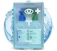 FLEXEO Station de lavage oculaire avec (1 solution saline de 500 ml de NaCl + 1 solution tampon phosphate de 250 ml) avec support mural - Rince-œil - Douche oculaire - Solution stérile de rinçage des