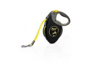 flexi® Giant S/M | Laisse rétractable à sangle de 8 m pour chiens jusqu'à 25 kg | Noir / jaune fluo | laisse à enrouleur pour chien | Poids : 440 g | Dimensions : 15,3 x 19,2 cm