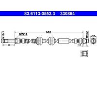 Flexible de frein 83.6113-0552.3 ATE pour VW CALIFORNIA T5 Camper MULTIVAN T5