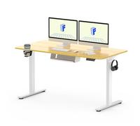 FLEXISPOT Bureau Assis Debout 140x60cm, avec Crochet, Porte-Gobelet et Étagère, Fonction Mémoire 4 Hauteurs,pour Bureau, Télétravail, Érable