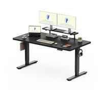 FLEXISPOT Bureau Assis Debout 160x60 cm avec Rehausseur d’Écran et Rangement, Charge 100 kg, Table Réglable en Hauteur avec Mémoire, Étagère & Tiroirs, Structure Stable, Assemblage Facile, Noir