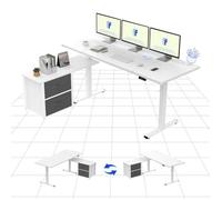 FlexiSpot Bureau Assis Debout en L, Bureau avec 2 Tiroirs en Tissu, Réglable en Hauteur à Fonctions Mémoires, Blanc