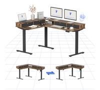 FLEXISPOT Bureau en Forme de L avec Tiroir 160x120cm, Table Réglable en Hauteur avec Conception Flexible et Espace de Rangement, Bureau avec Rangement et Système Anti-Collision (Marron)