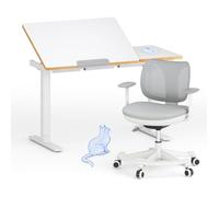 FlexiSpot Bureau Enfant Assis-Debout avec chaise, Plateau Inclinable pour Enfant À Partir De 6 Ans, avec Sécurité Enfant, Blanc+Gris