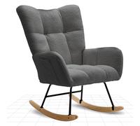 FLEXISPOT Fauteuil à Bascule avec Dossier Haut et Accoudoirs, Fauteuil pivotant Moderne avec Base en Bois, Chaise Relax Rembourré pour Salon et Chambre, Charge jusqu'à 120 kg, Gris