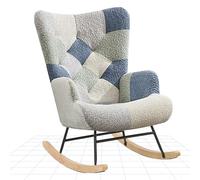 FLEXISPOT Fauteuil à Bascule avec Dossier Haut et Accoudoirs, Fauteuil pivotant Moderne avec Base en Bois, Chaise Relax rembourré pour Salon et Chambre, Charge jusqu'à 120 kg, Patchwork Bleu