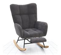 FlexiSpot Fauteuil à bascule avec dossier haut et repose-pieds - Fauteuil pivotant moderne avec base en bois, Roking chair, Gris