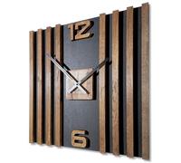 FLEXISTYLE Grande horloge murale en bois à lamelles SQ - 60 cm - Aspect bois - Noir - Chêne 3D - Moderne - Sans tic-tac - Salon (marron)