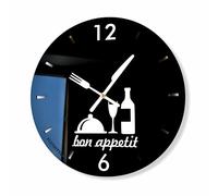 FLEXISTYLE Horloge de Cuisine Moderne Bon Appetit, Ronde, 30 cm, 3D, Noir et Blanc