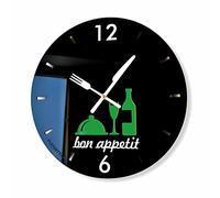 FLEXISTYLE Horloge de Cuisine Moderne Bon Appetit, Ronde, 30 cm, 3D, Noir et Gris
