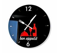 FLEXISTYLE Horloge de Cuisine Moderne Bon Appetit, Ronde, 30 cm, 3D, Noir et Rouge