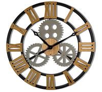 FLEXISTYLE Horloge Murale Design Industriel Grand diamètre 80 cm rétro Vintage Aspect Bois chêne sans Bruit de tic-tac Salon (Noir)