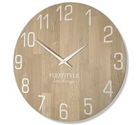 FLEXISTYLE Horloge Murale Naturelle diamètre Aspect Bois 100% chêne, Bois Moderne, Salon, sans Bruit de tic-tac … (50 cm, Blanc)
