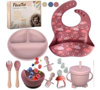 FlexiTot | Coffret Repas Bebe | Assiette Ventouse pour Bébé | Couverts Bébés | Bavoir et Bol | Tasse | Cadeau Grignoteuse Bébé | Vaisselle Bebe Sans BPA | Dans un Coffret Cadeau (Rose)
