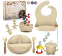 FlexiTot | Coffret Repas Bebe | Assiette Ventouse pour Bébé | Couverts Bébés | Bavoir et Bol | Tasse | Cadeau Grignoteuse Bébé | Vaisselle Bebe Sans BPA | Dans un Coffret Cadeau (Beige uni)