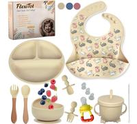 FlexiTot | Coffret Repas Bebe | Assiette Ventouse pour Bébé | Couverts Bébés | Bavoir et Bol | Tasse | Cadeau Grignoteuse Bébé | Vaisselle Bebe Sans BPA | Dans un Coffret Cadeau (Beige)