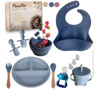 FlexiTot | Coffret Repas Bebe | Assiette Ventouse pour Bébé | Couverts Bébés | Bavoir et Bol | Tasse | Cadeau Grignoteuse Bébé | Vaisselle Bebe Sans BPA | Dans un Coffret Cadeau (Bleu uni)
