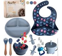 FlexiTot | Coffret Repas Bebe | Assiette Ventouse pour Bébé | Couverts Bébés | Bavoir et Bol | Tasse | Cadeau Grignoteuse Bébé | Vaisselle Bebe Sans BPA | Dans un Coffret Cadeau (Bleu)