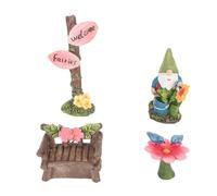 flexman Lot 4 Accessoires Jardin Féérique, Ensemble Chaises Table Miniatures en Résine Synthétique, Nain sans Visage, Fleur, Guide, Banc en Résine Peinte Main, Kit Jardin Féérique