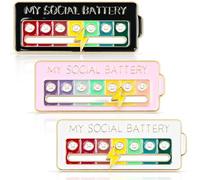 FLEXNOVA Lot de 3 broches de batterie sociale - 7 jours - Baromètre d'humeur interactif - Broche amusante - Pour sacs à dos, vestes, chapeaux (blanc, noir, rose)