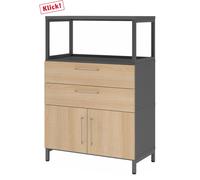 FlexWall | 3 HC | Portes + tiroirs + cadre | avec bâti de socle - Graphite/Chêne