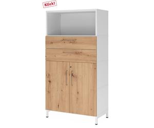 FlexWall | 4 HC | Portes + tiroirs + corps | avec bâti de socle - Blanc/Chêne Cendré