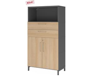 FlexWall | 4 HC | Portes + tiroirs + corps | avec bâti de socle - Graphite/Chêne