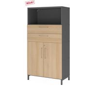 FlexWall | 4 OH | Portes + tiroirs + caisson | avec socle - Graphite/Chêne