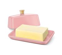 Flexzion Beurrier européen en porcelaine Rose avec couvercle pour plan de travail (20,3 cm) - Récipient large double pour 2 bâtonnets de beurre, contenant de rangement pour fromage à la crème