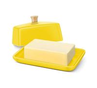 Flexzion Beurrier européen en céramique jaune avec couvercle pour comptoir (17,8 cm) - Large support à 2 bâtonnets pour comptoir, récipient à fromage à la crème