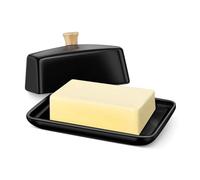 Flexzion Beurrier Européen Noir en Céramique avec Couvercle pour Plan de Travail (18 cm) - Boîte Large Double Pour 2 Bâtonnets de Beurre, Conteneur de Fromage à la Crème