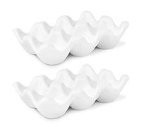 Flexzion Lot de 2 caisses à œufs en porcelaine - Capacité de 6 œufs - Plateau à œufs en céramique pour réfrigérateur, présentoir de comptoir - Plat de service décoratif blanc et organisateur de