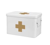 Flexzion Boîte de premiers secours vide de 33 cm - Blanc vintage - Boîte médicale en métal - Boîte de rangement de premiers secours avec séparateurs, plateau amovible et logo croix dorée