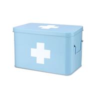 Flexzion Boîte de premiers secours vide de 33 cm - Bleu vintage - Boîte médicale en métal - Boîte de premiers secours avec séparateurs, plateau amovible et logo croix blanche