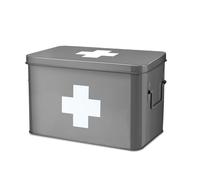 Flexzion Boîte de premiers secours vide de 33 cm - Gris - Vintage - Trousse de premiers secours - Boîte de rangement de premiers secours avec séparateurs, plateau amovible et logo croix blanche