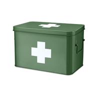 Flexzion Boîte de premiers secours vide de 33 cm - Vert - Vintage - Boîte médicale en métal - Boîte de rangement pour premiers secours avec séparateurs, plateau amovible et logo croix blanche