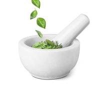Flexzion Ensemble de mortier et Pilon en Granit- Bol à moudre en Pierre de marbre Solide 5.5 Pouces pour Avocat Herbes, épices, ail, Cuisine, Cuisson, médicament Blanc
