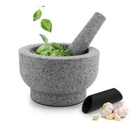 Flexzion Ensemble de mortier et pilon en granit de 4 tasses avec grand mortier et pilon en molcajete, bol et bol avec éplucheur d'ail et tapis antidérapant pour guacamole, herbes, épices, gris