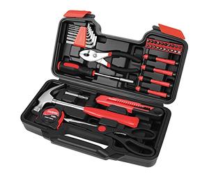 Flexzion Kit d'outils à main 39 pièces avec étui - Kit d'outils compact pour bricoleurs, propriétaires de maison - Kit d'outils ménagers pour la maison avec étui à outils de base portable, rouge