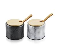 Flexzion Lot de 2 salières en marbre avec couvercle et cuillère - Bols antidérapants multi-usages en marbre pour paprika, herbes, bijoux, montres et accessoires (noir et blanc)