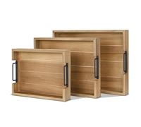 Flexzion Lot de 3 plateaux de service rustiques empilables en bois de sapin avec poignée, plateau à charcuterie imbriqué durable pour table basse ottomane, plateau de nourriture et de décoration