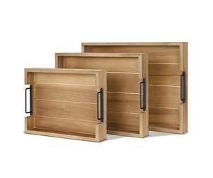 Flexzion Lot de 3 plateaux de service rustiques empilables en bois de sapin avec poignée, plateau à charcuterie imbriqué durable pour table basse ottomane, plateau de nourriture et de décoration